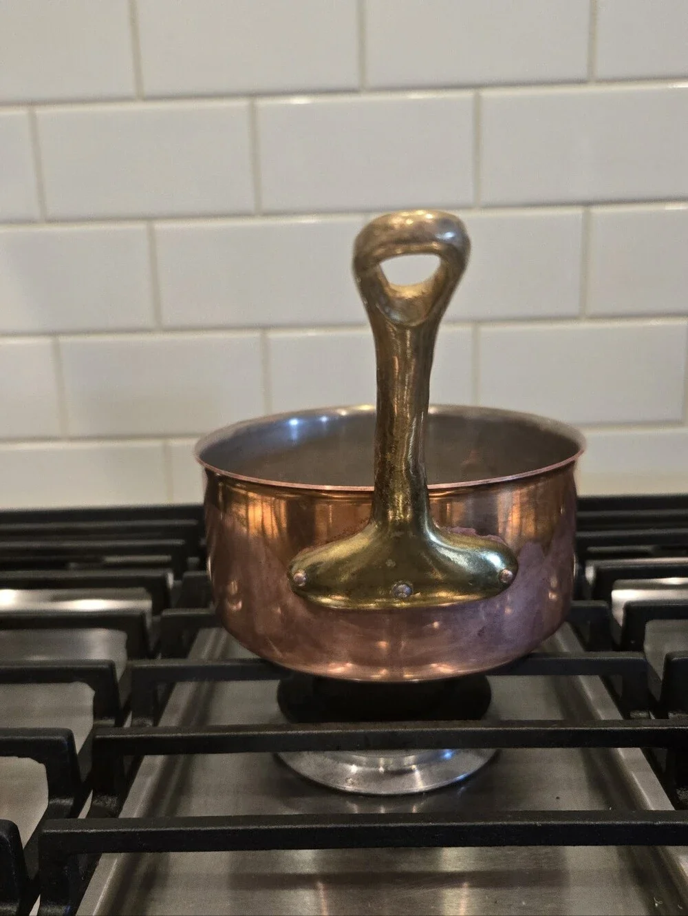 Vintage French Copper Pot W/Brass Handle, Sauce Pot, Unmarked Tin-Lined Saucepan